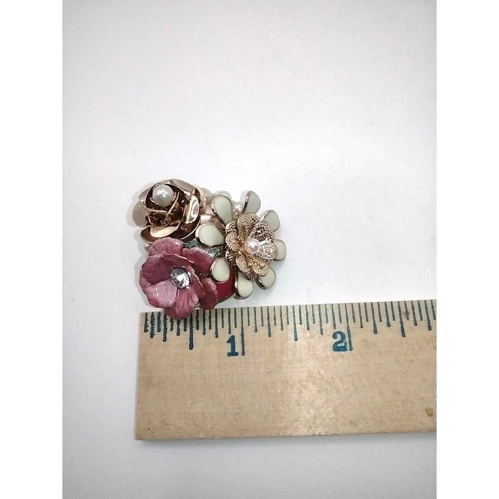 Napier Brooch Pin 3 Flower Cluster Floral Pink White Enamel Faux Pearls with Box
